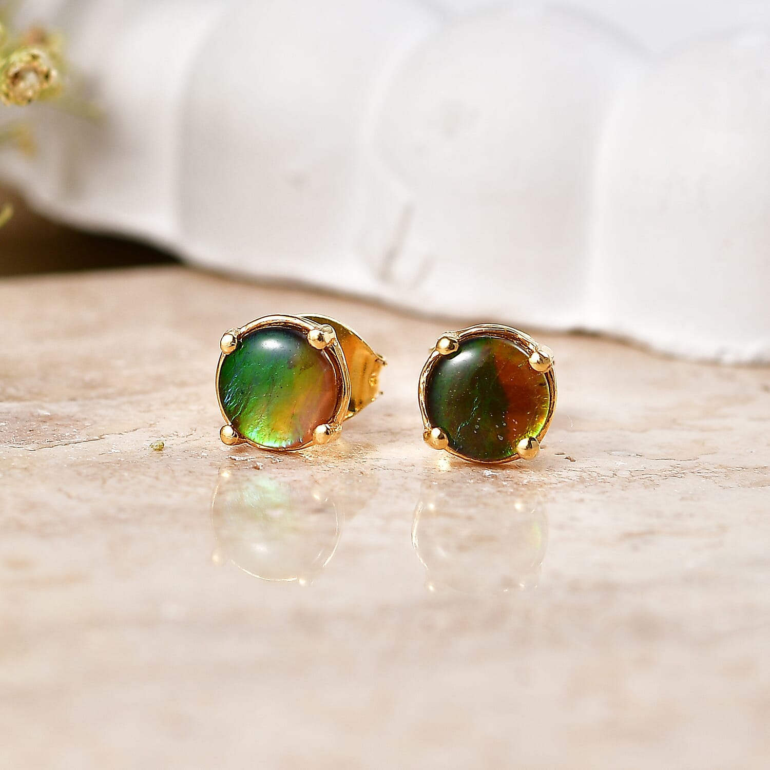 Ammolite Earring with Push Back in Yellow Gold Plated Sterling Silver 1.66 Ct.