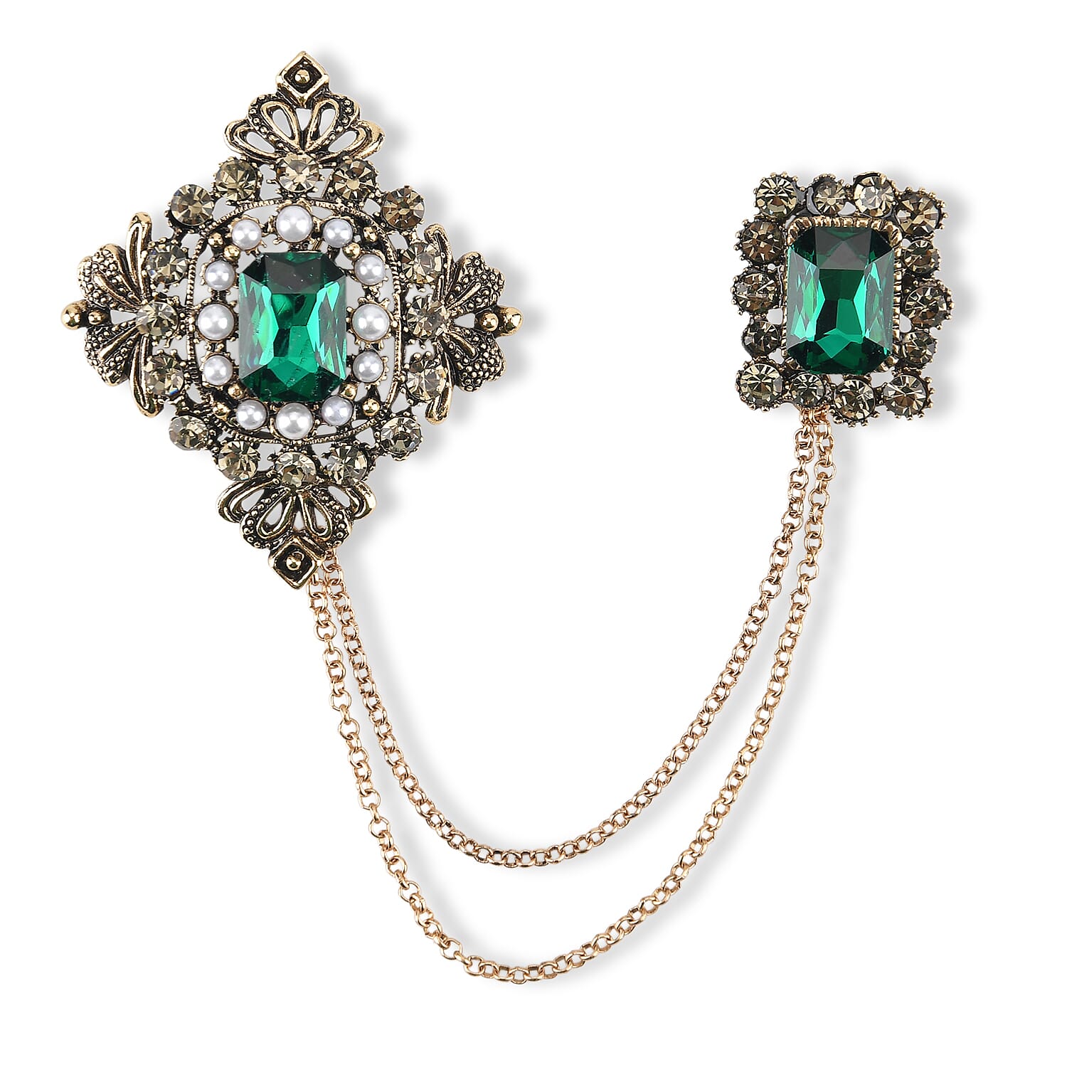 Antique Style Green Crystal Double Brooch with Hanging Chains (16.5cm) - Gold