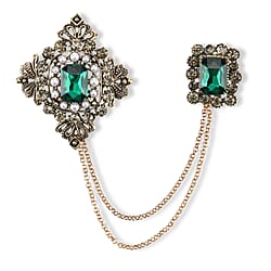 Antique Style Green Crystal Double Brooch with Hanging Chains (16.5cm) - Gold
