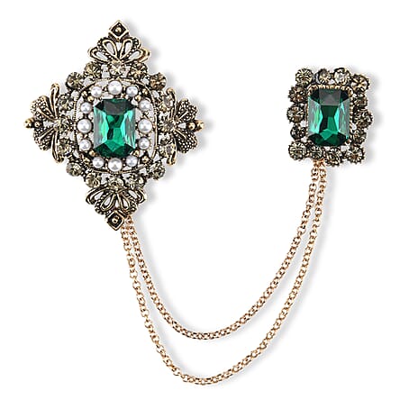 Antique Style Green Crystal Double Brooch with Hanging Chains (16.5cm) - Gold