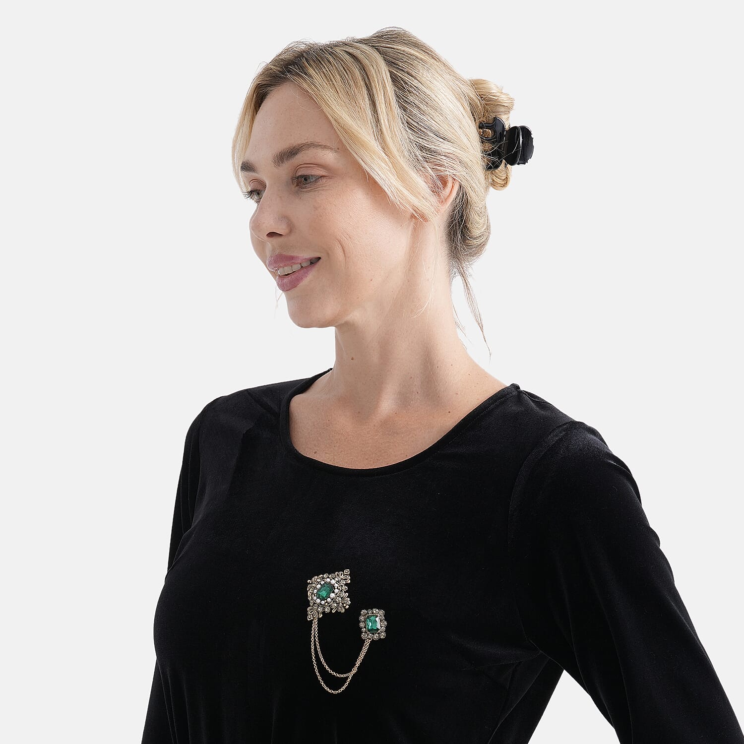Antique Style Green Crystal Double Brooch with Hanging Chains (16.5cm) - Gold