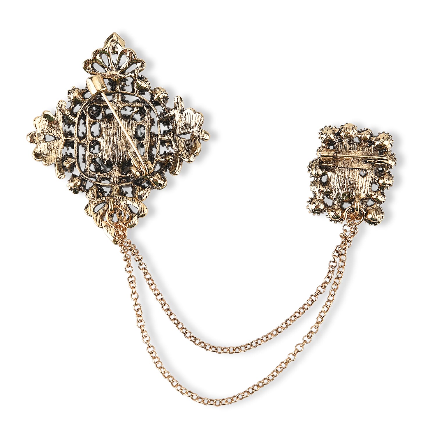 Antique Style Green Crystal Double Brooch with Hanging Chains (16.5cm) - Gold