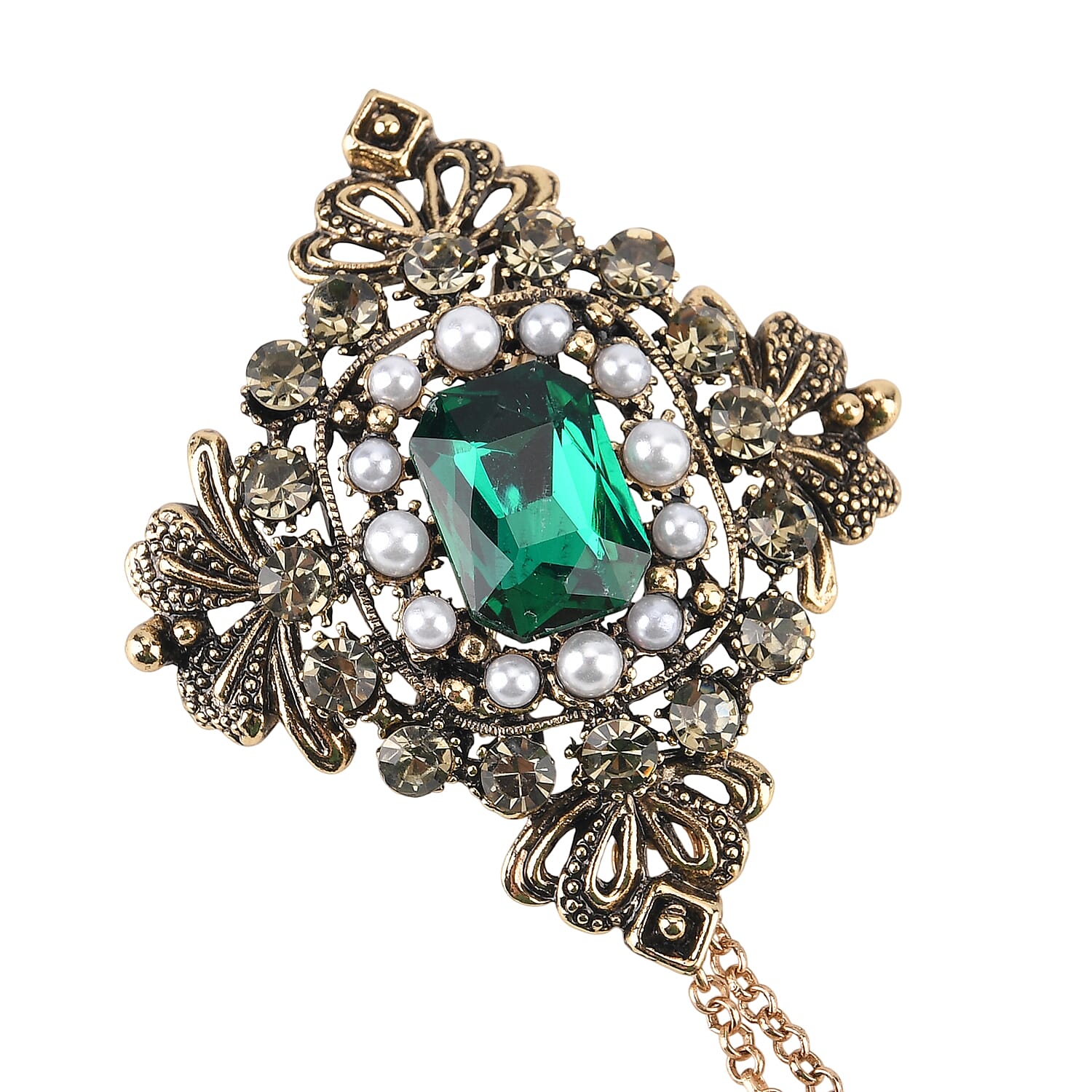Antique Style Green Crystal Double Brooch with Hanging Chains (16.5cm) - Gold