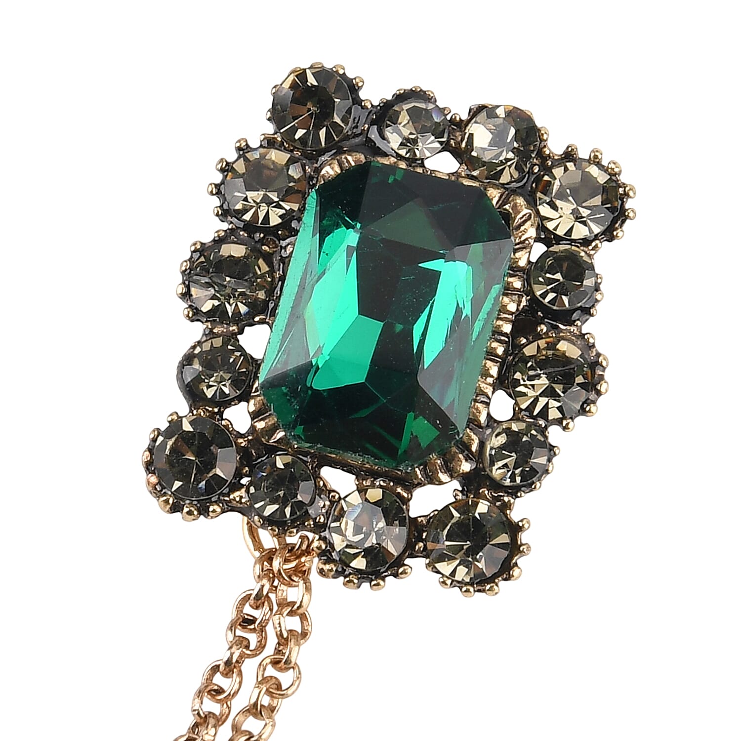 Antique Style Green Crystal Double Brooch with Hanging Chains (16.5cm) - Gold