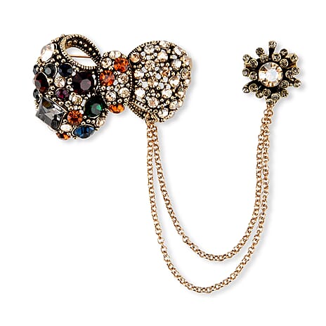 Antique Style Black Crystal Bow Pendant Brooch with Hanging Chains (13cm) - Dark Gold