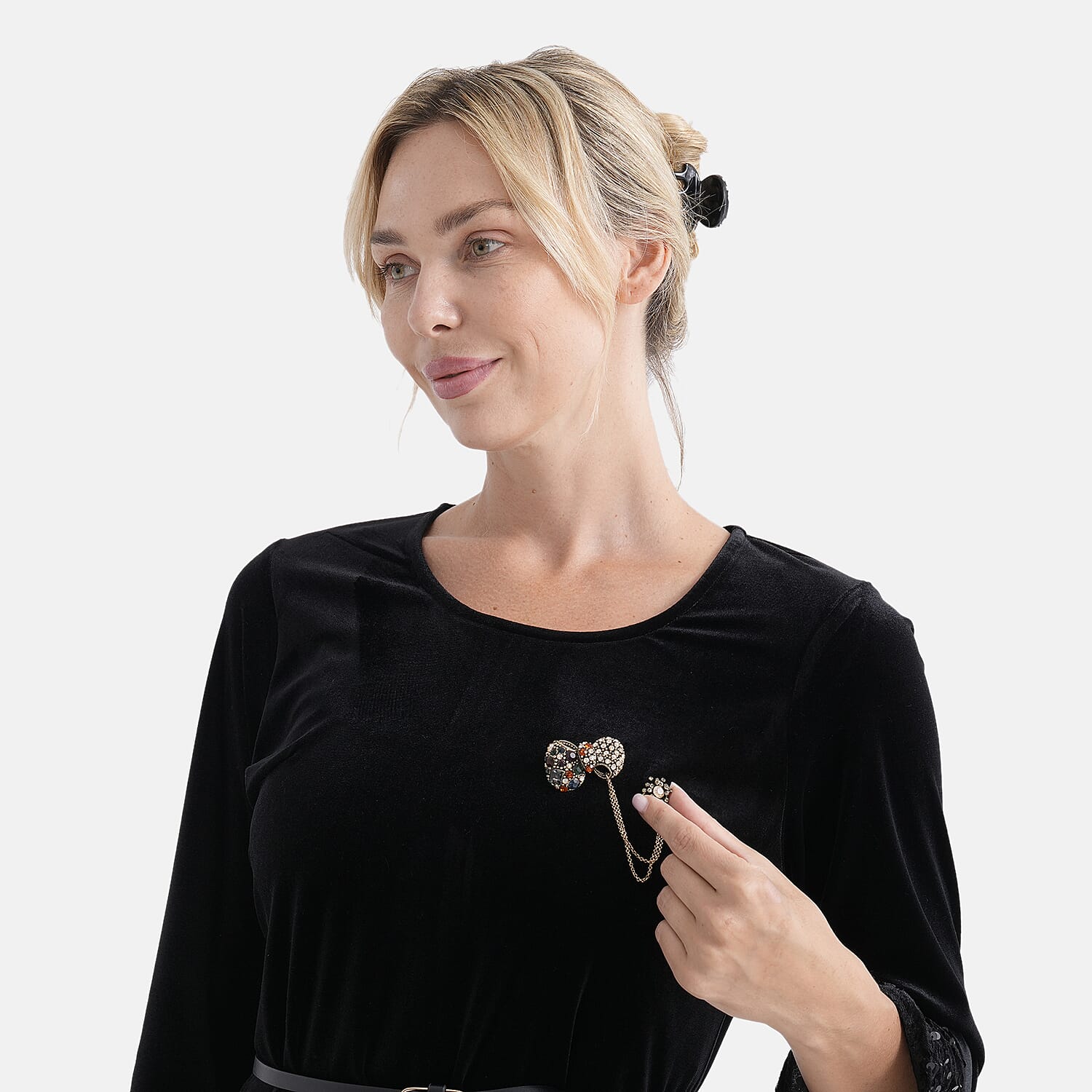 Antique Style Black Crystal Bow Pendant Brooch with Hanging Chains (13cm) - Dark Gold