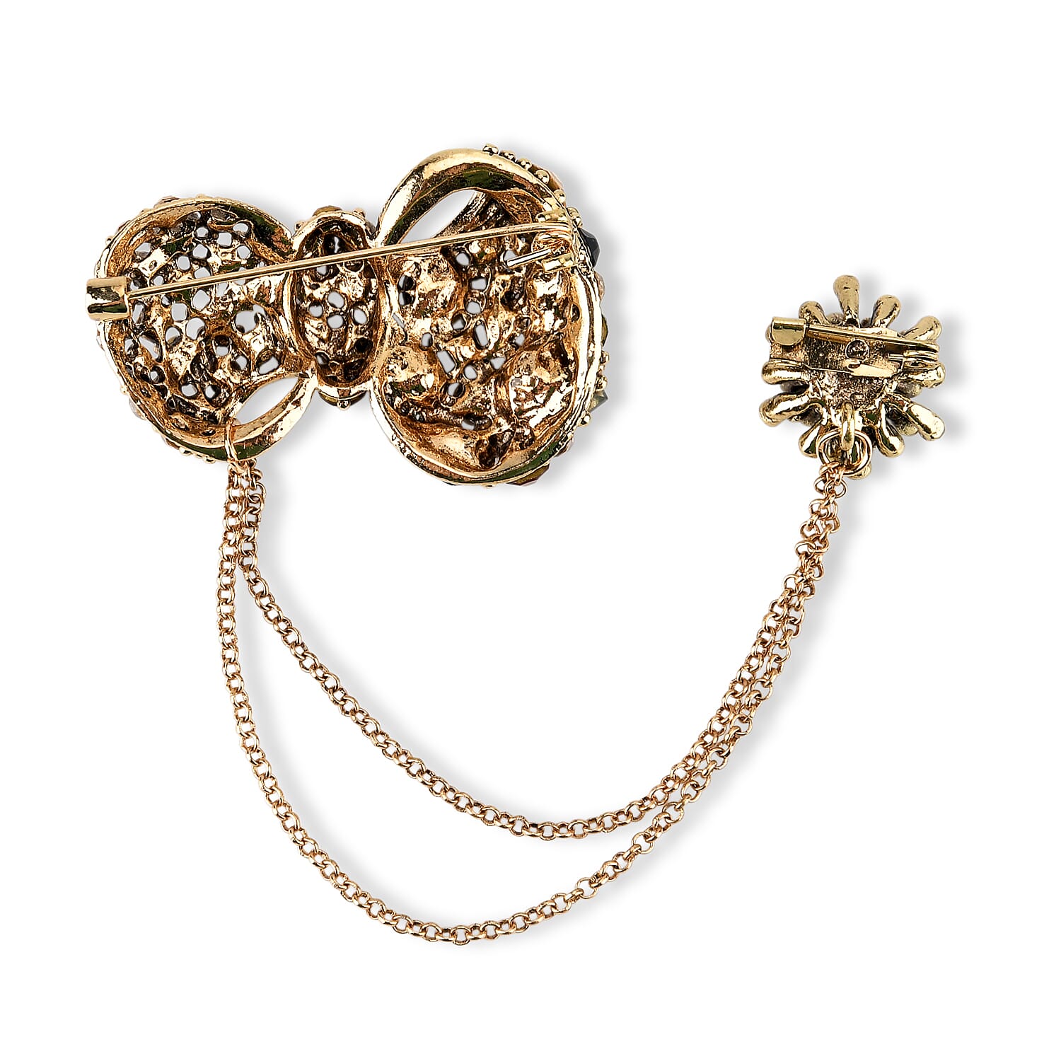 Antique Style Black Crystal Bow Pendant Brooch with Hanging Chains (13cm) - Dark Gold