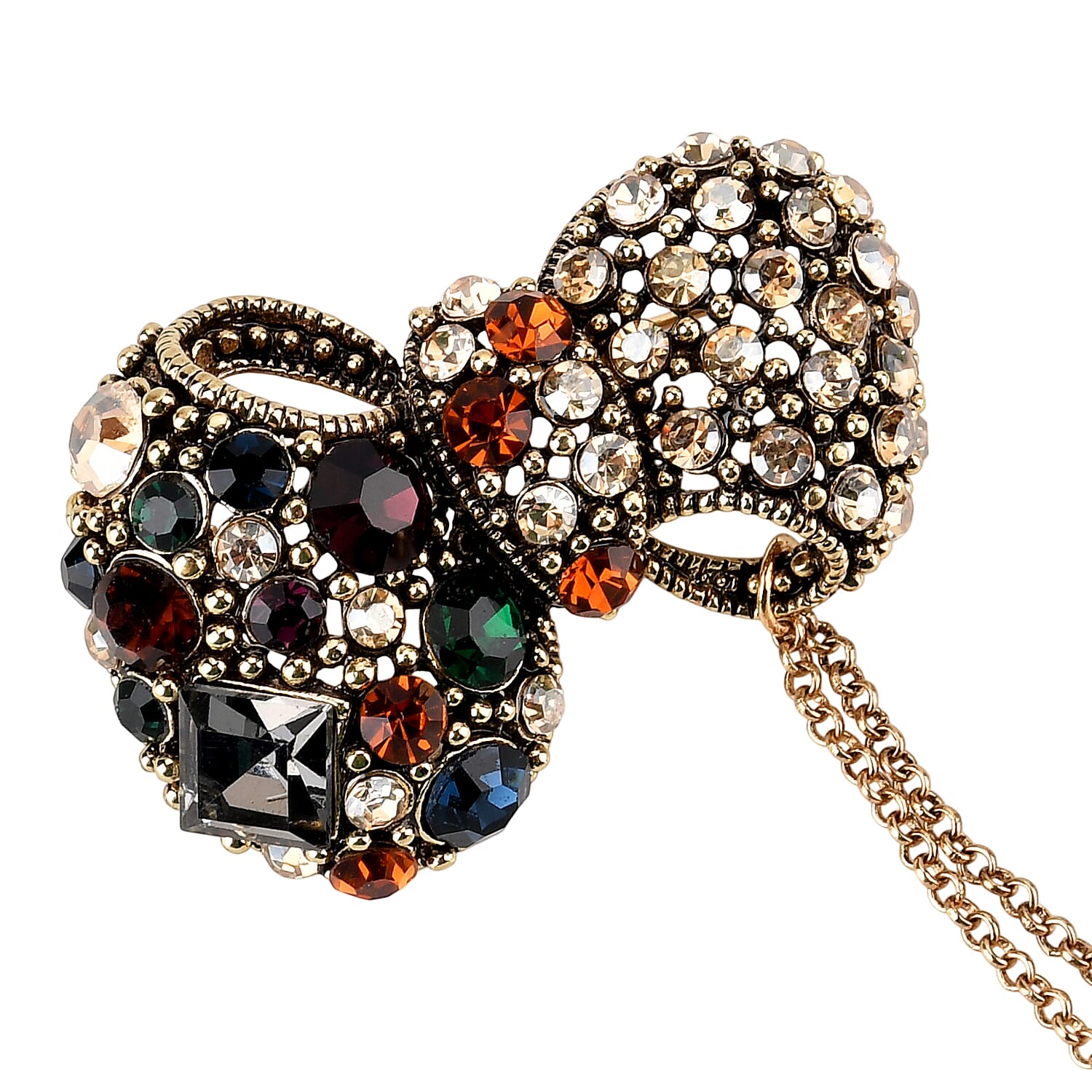Antique Style Black Crystal Bow Pendant Brooch with Hanging Chains (13cm) - Dark Gold