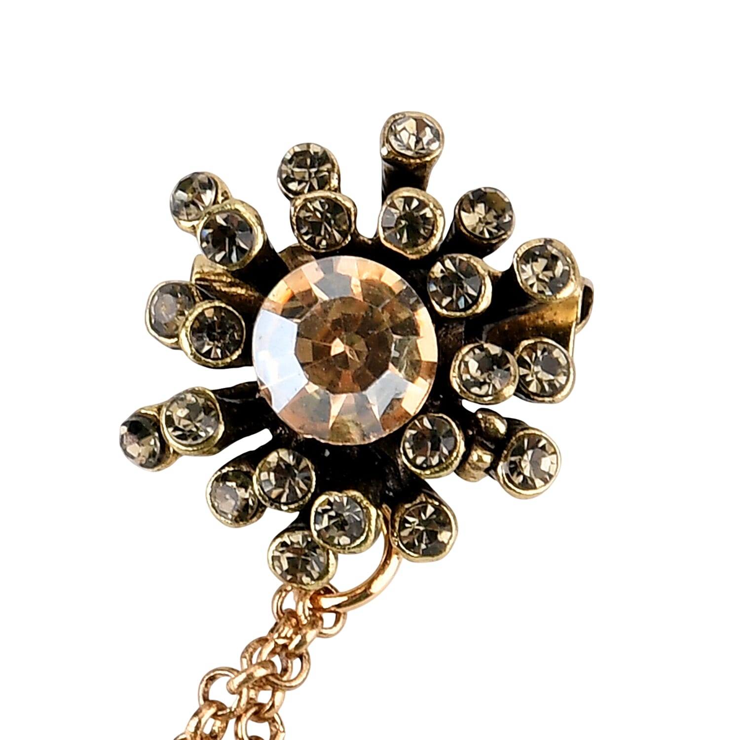 Antique Style Black Crystal Bow Pendant Brooch with Hanging Chains (13cm) - Dark Gold