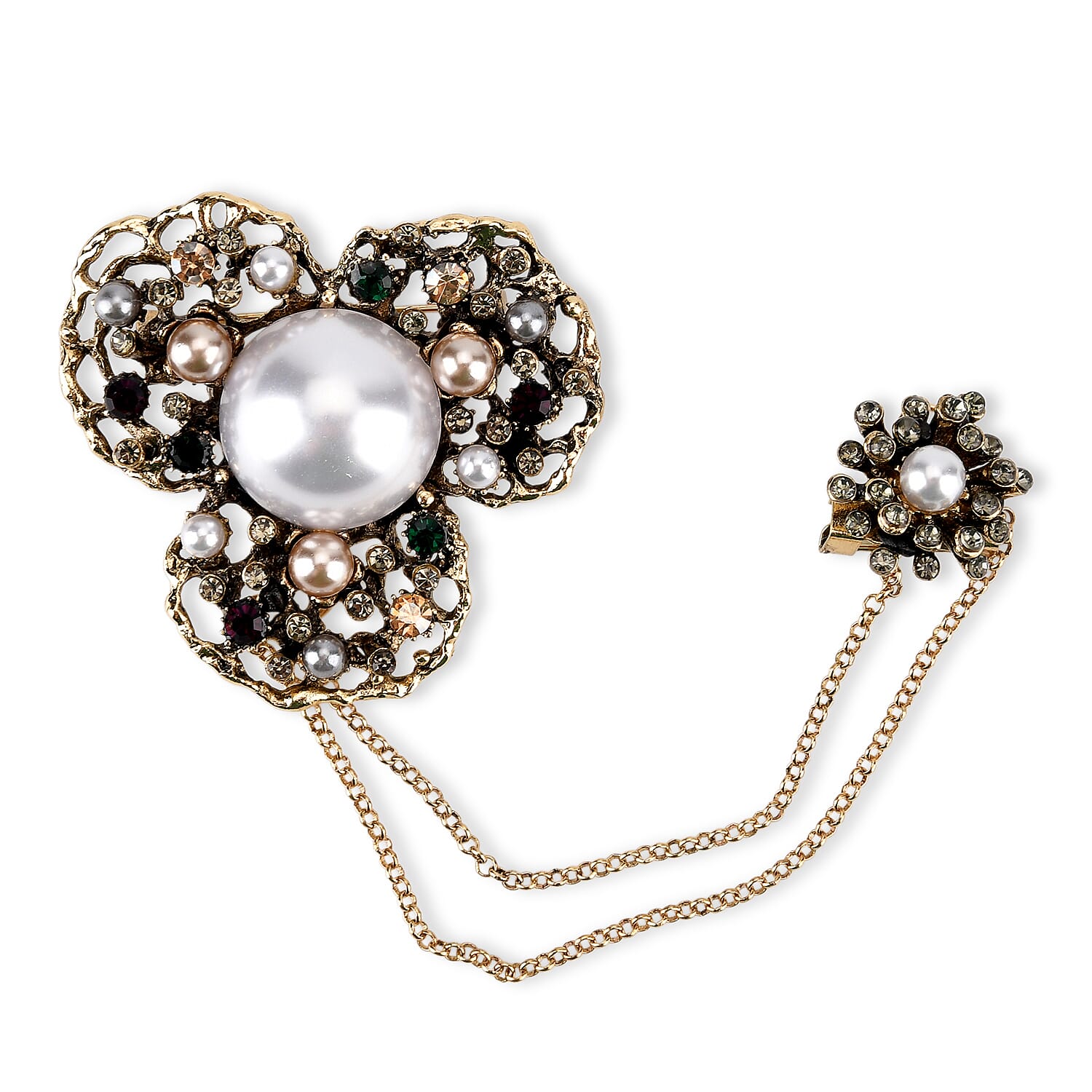 Antique Style Petal Pearl Pendant Brooch with Hanging Chains (15cm) - Dark Gold