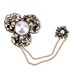 Antique Style Green Crystal Double Brooch with Hanging Chains (16.5cm) - Gold