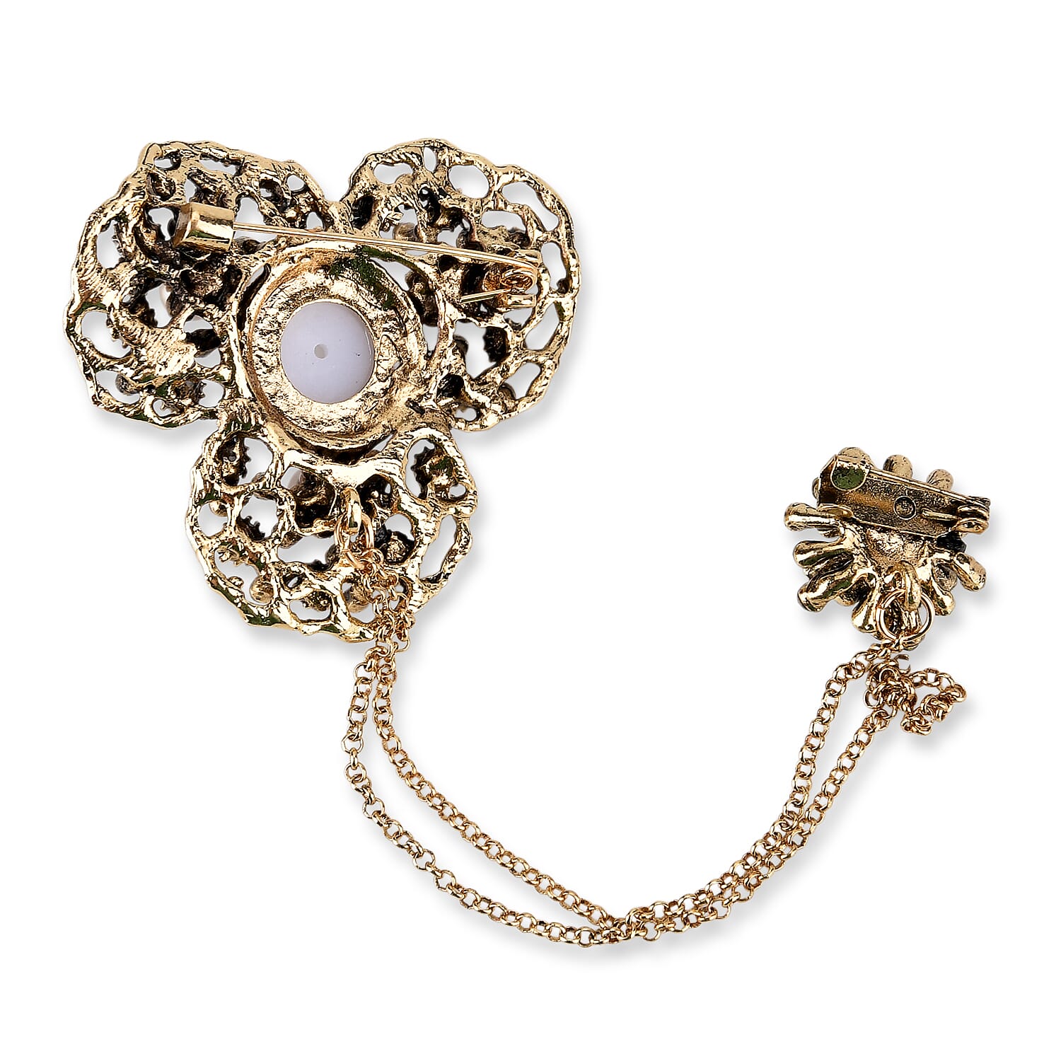 Antique Style Petal Pearl Pendant Brooch with Hanging Chains (15cm) - Dark Gold