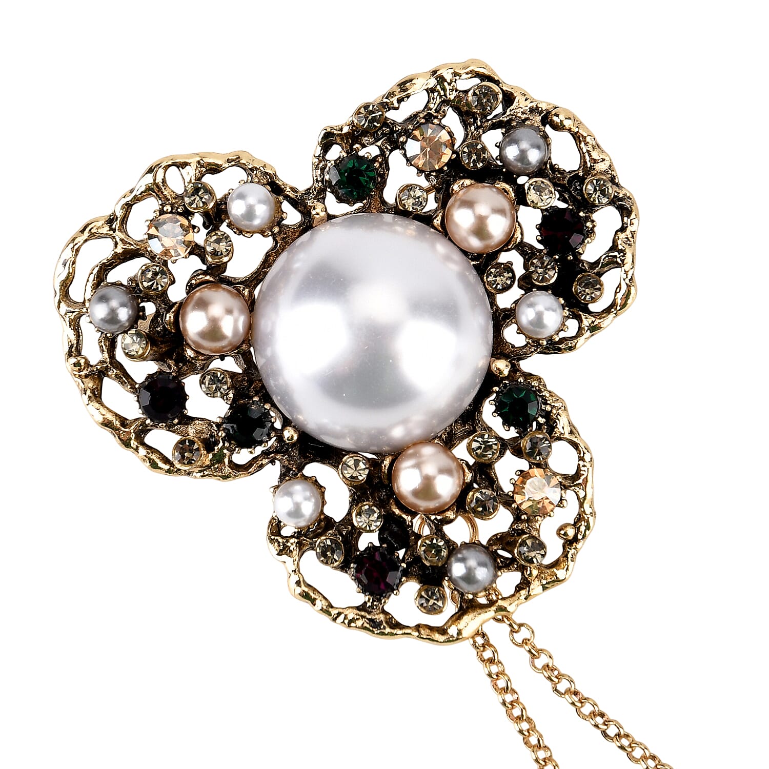 Antique Style Petal Pearl Pendant Brooch with Hanging Chains (15cm) - Dark Gold
