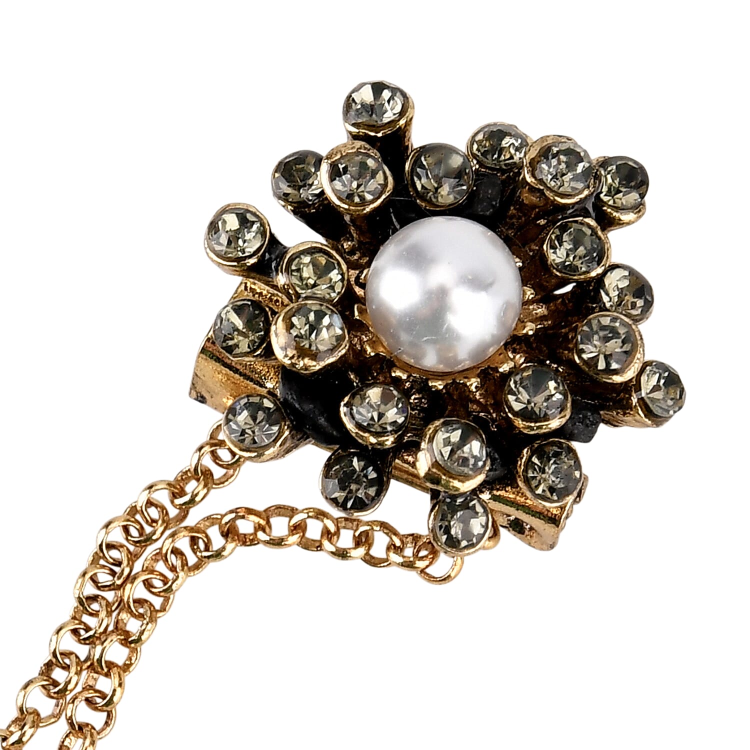 Antique Style Petal Pearl Pendant Brooch with Hanging Chains (15cm) - Dark Gold