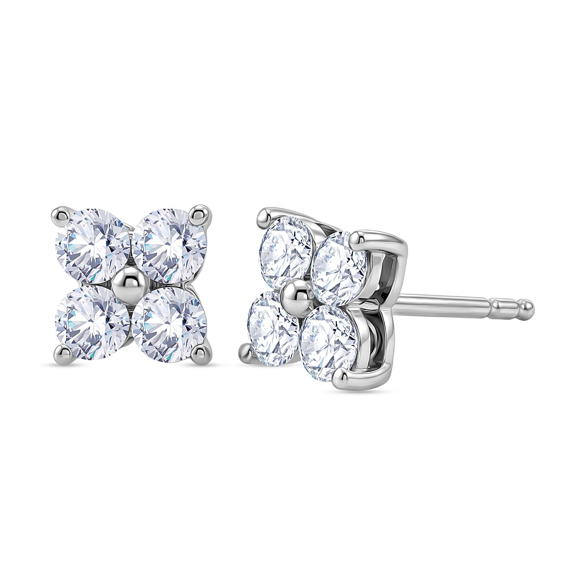 D'Joy - Moissanite Floral Push Post Earring in Platinum Overlay Sterling Silver.