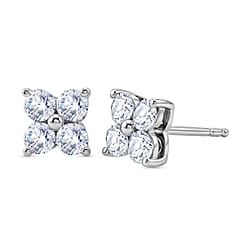 D'Joy - Moissanite Floral Push Post Earring in Platinum Overlay Sterling Silver.