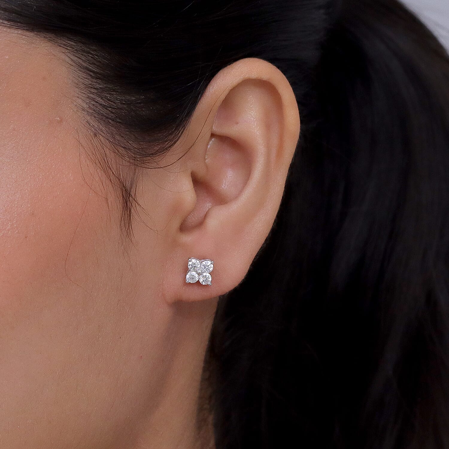 D'Joy - Moissanite Floral Push Post Earring in Platinum Overlay Sterling Silver.