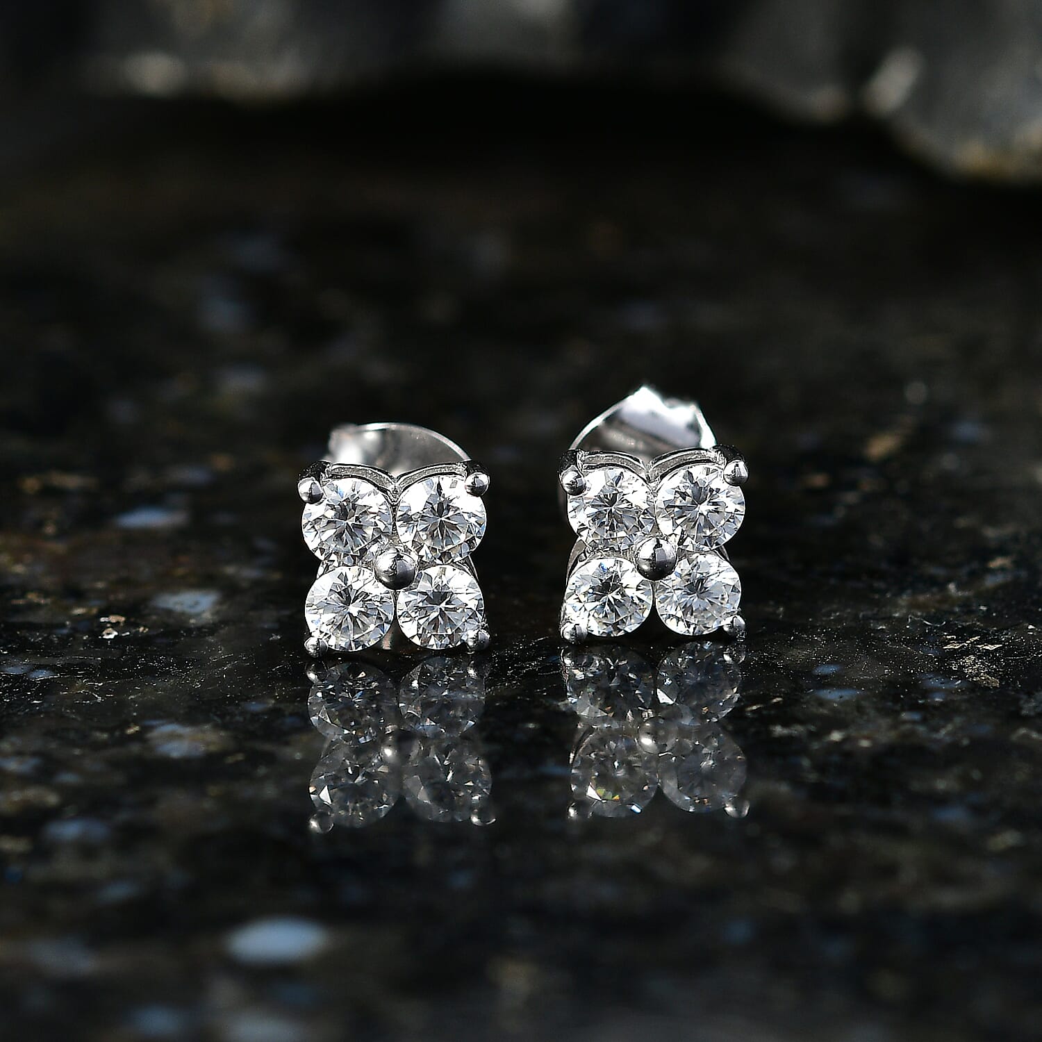 D'Joy - Moissanite Floral Push Post Earring in Platinum Overlay Sterling Silver.
