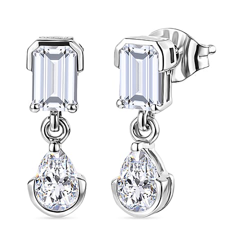 D'Joy - Moissanite Dangling Earring with Push Back in Platinum Overlay Sterling Silver 1.92 Ct.