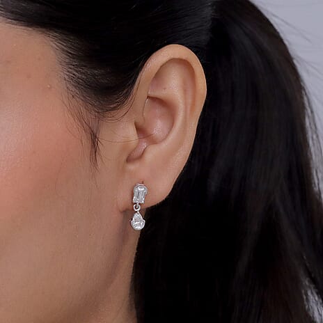 D'Joy - Moissanite Dangling Earring with Push Back in Platinum Overlay Sterling Silver 1.92 Ct.