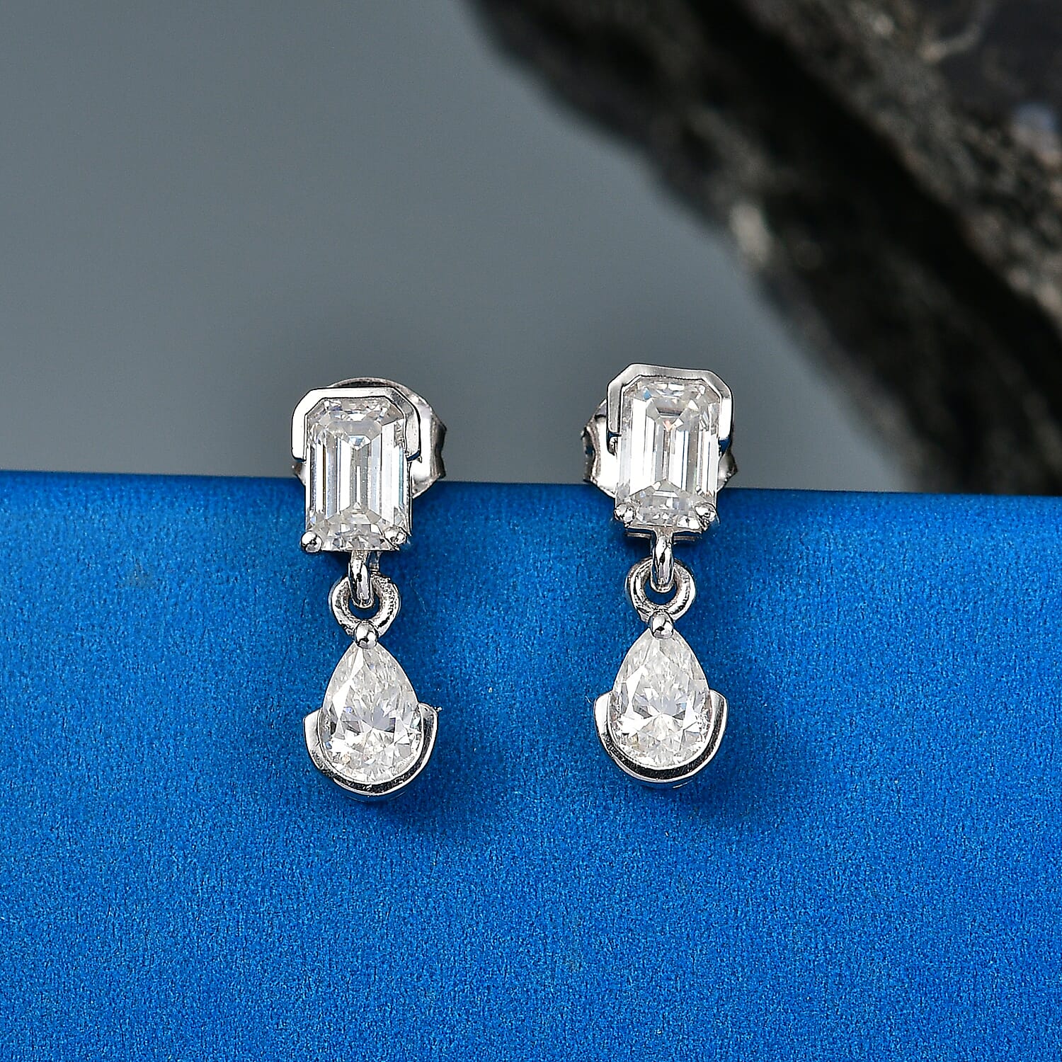 D'Joy - Moissanite Dangling Earring with Push Back in Platinum Overlay Sterling Silver 1.92 Ct.