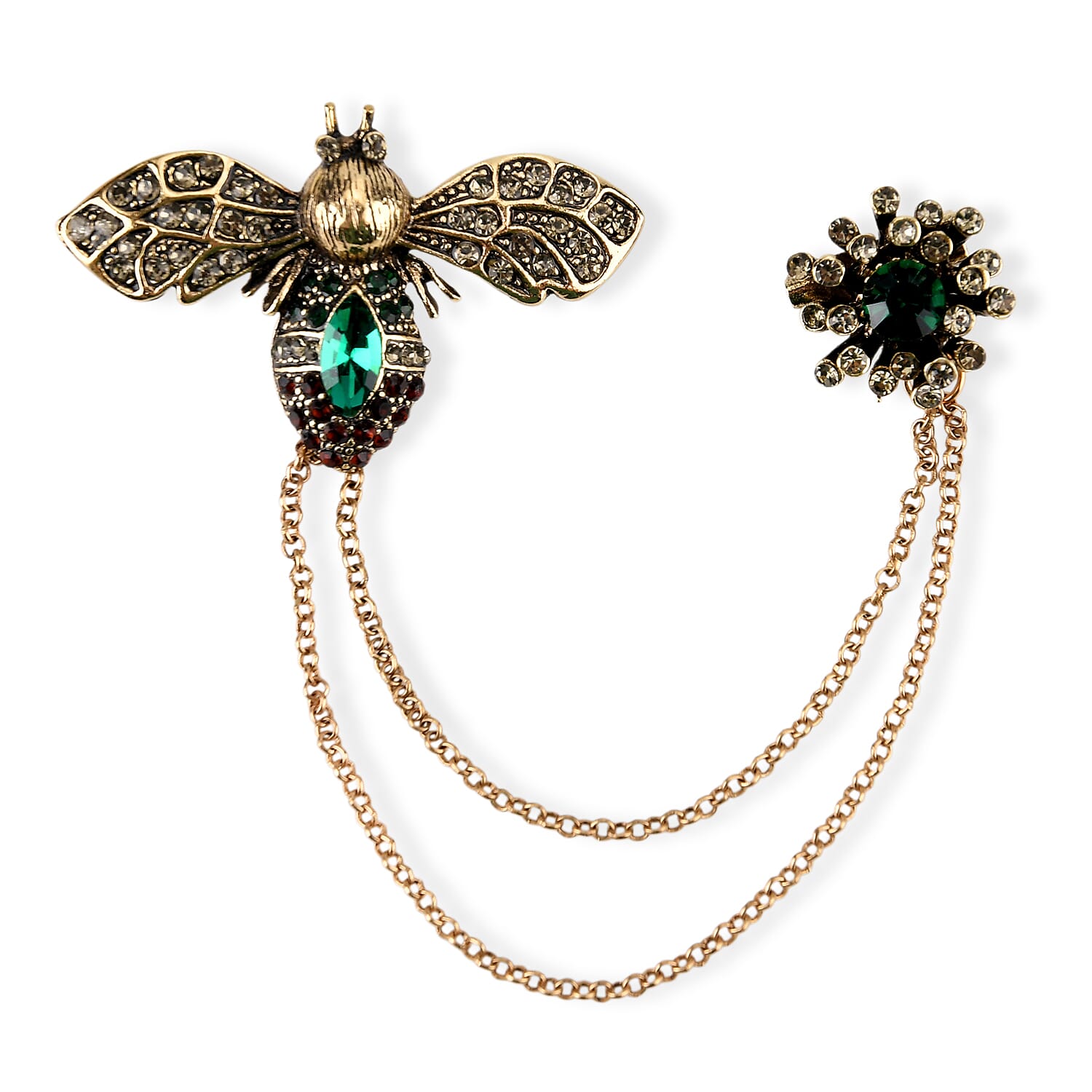 Antique Style Green Crystal Bee Pendant Brooch with Hanging Chains (13cm) - Green & Red