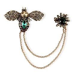 Antique Style Green Crystal Double Brooch with Hanging Chains (16.5cm) - Gold