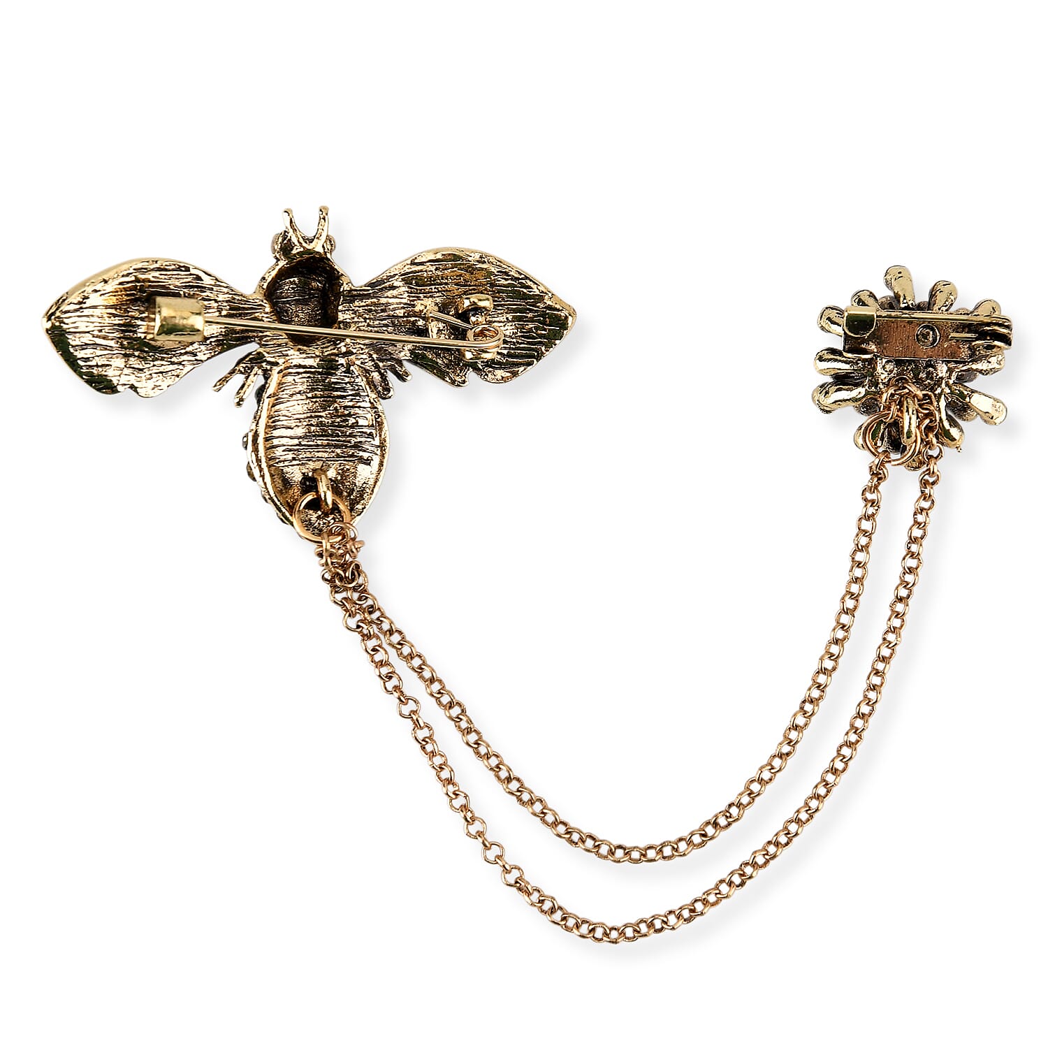 Antique Style Green Crystal Bee Pendant Brooch with Hanging Chains (13cm) - Green & Red