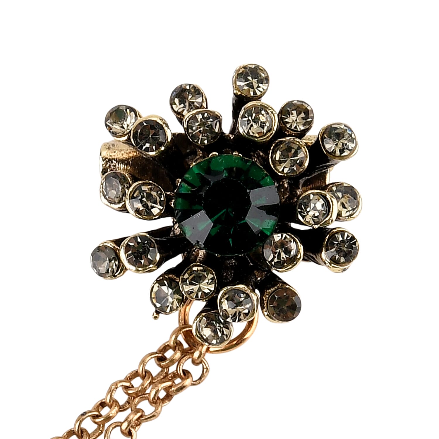 Antique Style Green Crystal Bee Pendant Brooch with Hanging Chains (13cm) - Green & Red