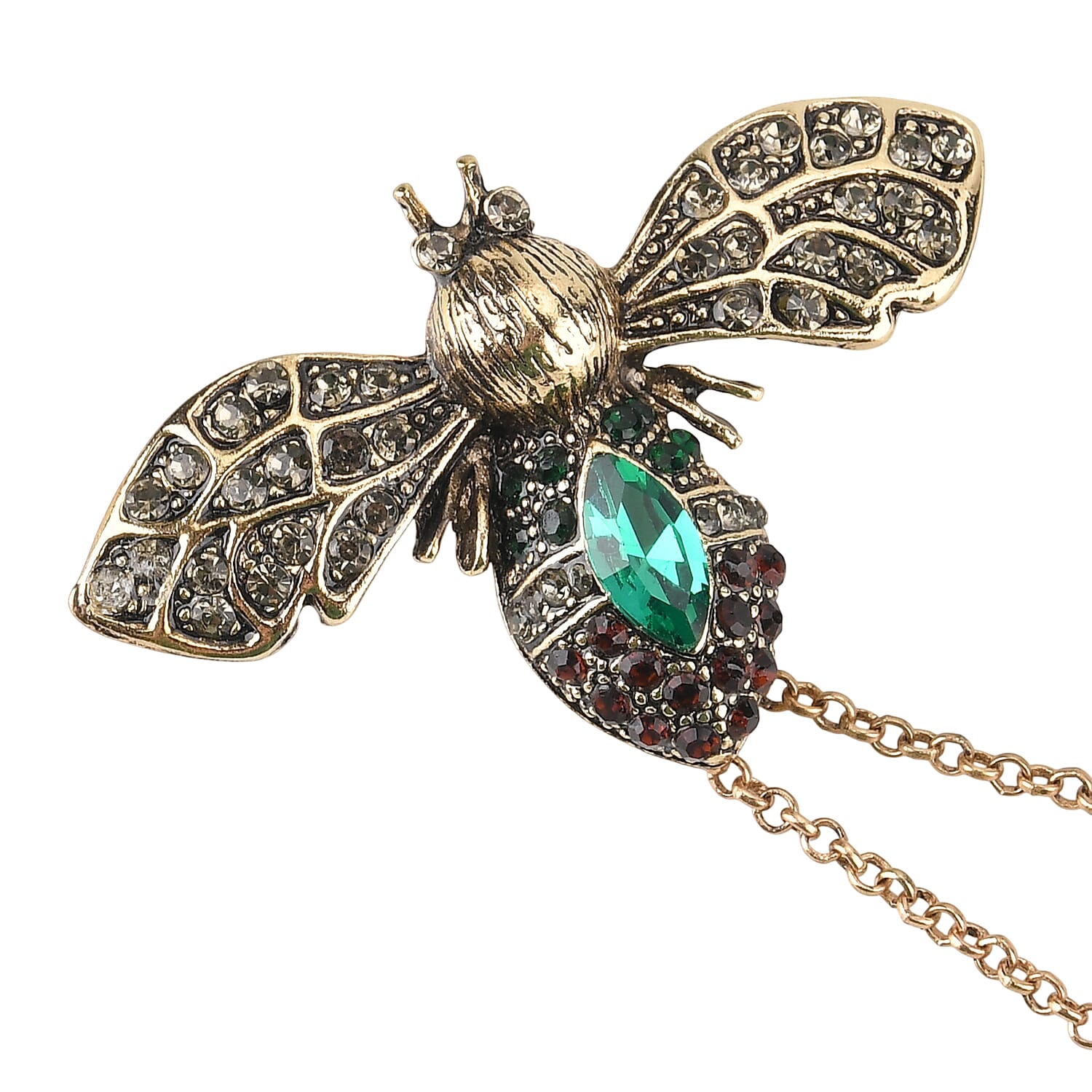 Antique Style Green Crystal Bee Pendant Brooch with Hanging Chains (13cm) - Green & Red