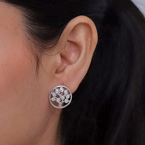D'Joy - Moissanite Tree of Life Earring with Push Back in Platinum Overlay Sterling Silver