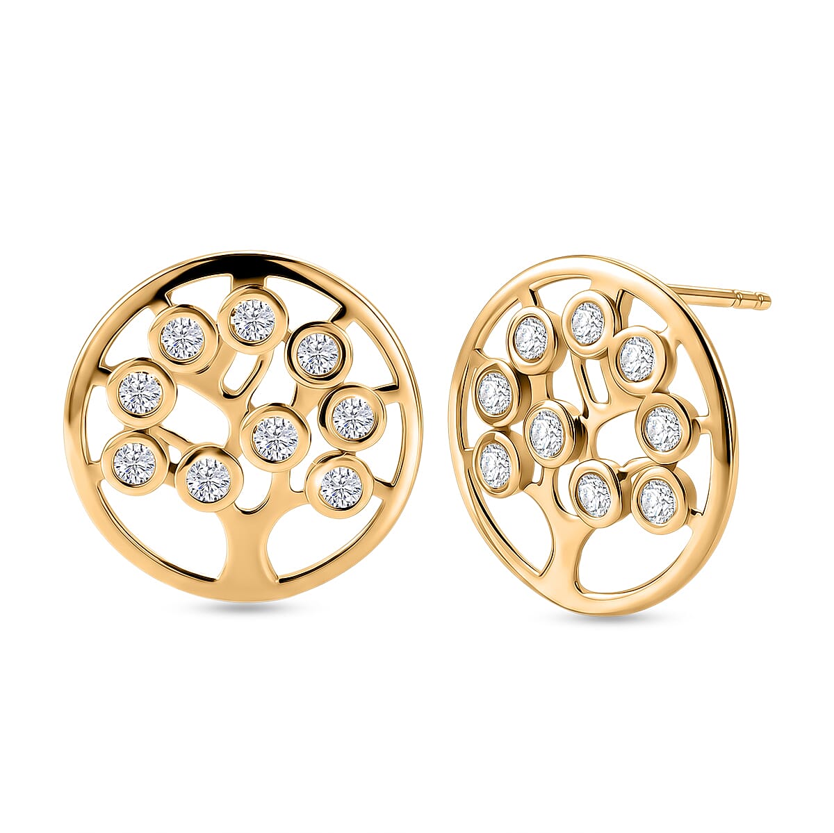 D'Joy - Moissanite Tree of Life Earring with Push Post in Yellow Gold Plated Sterling Silver