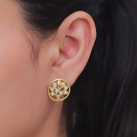 D'Joy - Moissanite Tree of Life Earring with Push Post in Yellow Gold Plated Sterling Silver