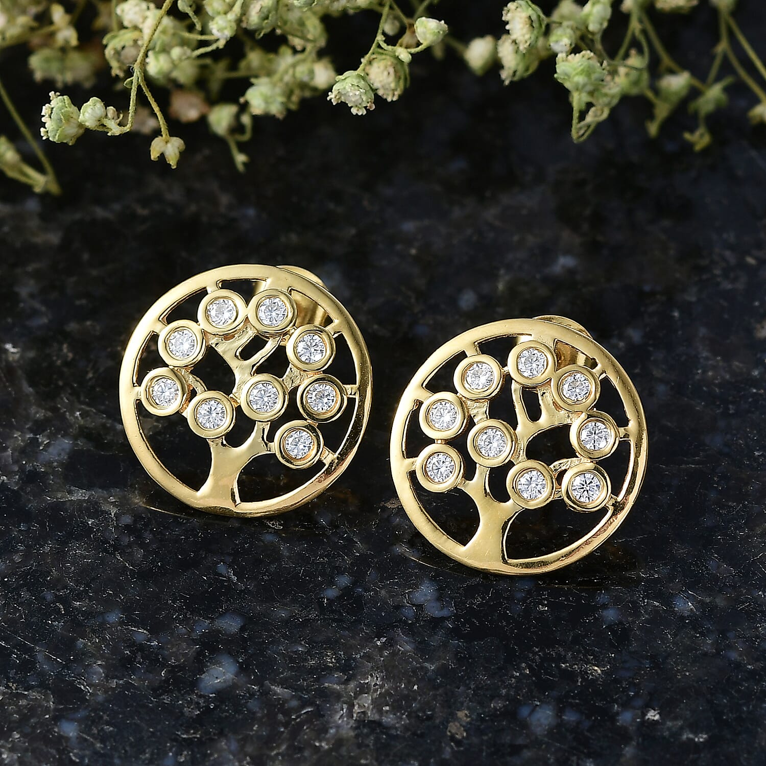D'Joy - Moissanite Tree of Life Earring with Push Post in Yellow Gold Plated Sterling Silver