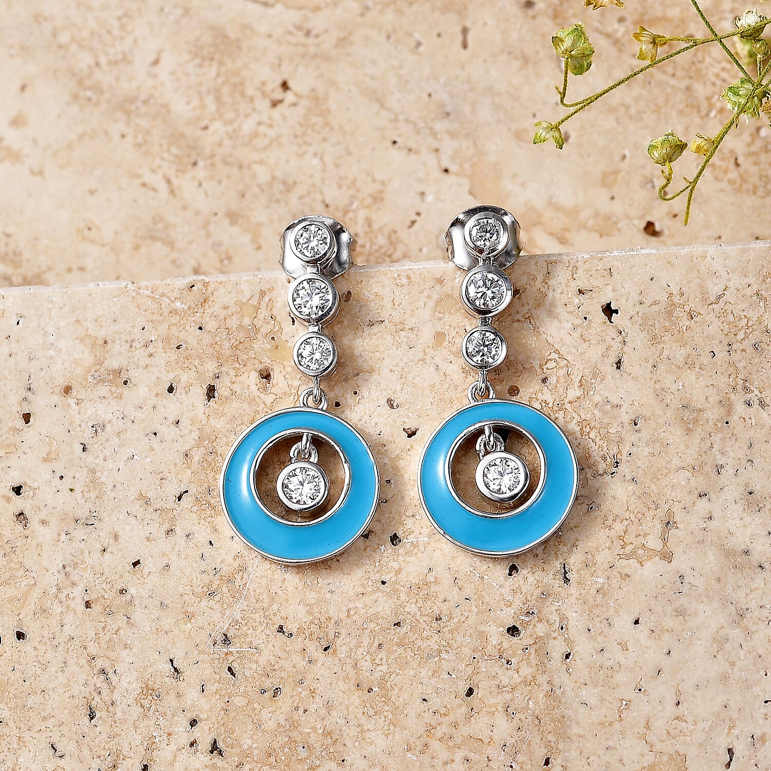 D'Joy - Moissanite Dangling Earring with Push Back in Platinum Overlay Sterling Silver