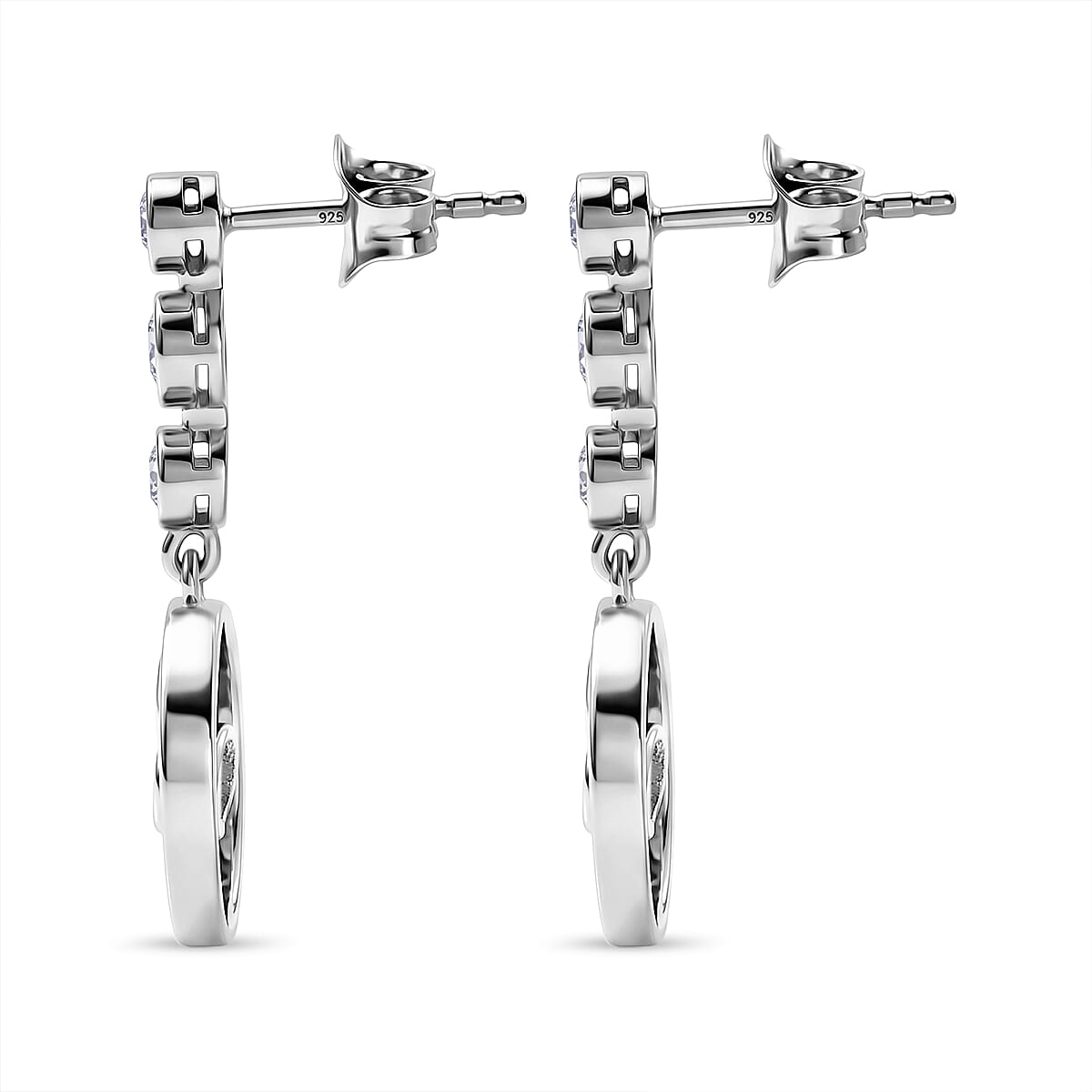 D'Joy - Moissanite Dangling Earring with Push Back in Platinum Overlay Sterling Silver