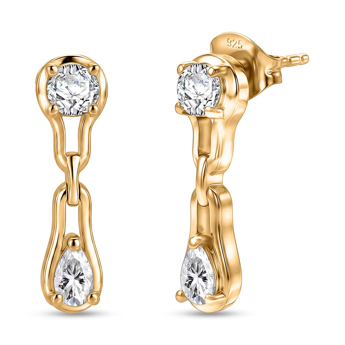 D'Joy - Moissanite Dangling Earring with Push Back in Yellow Gold Plated Sterling Silver