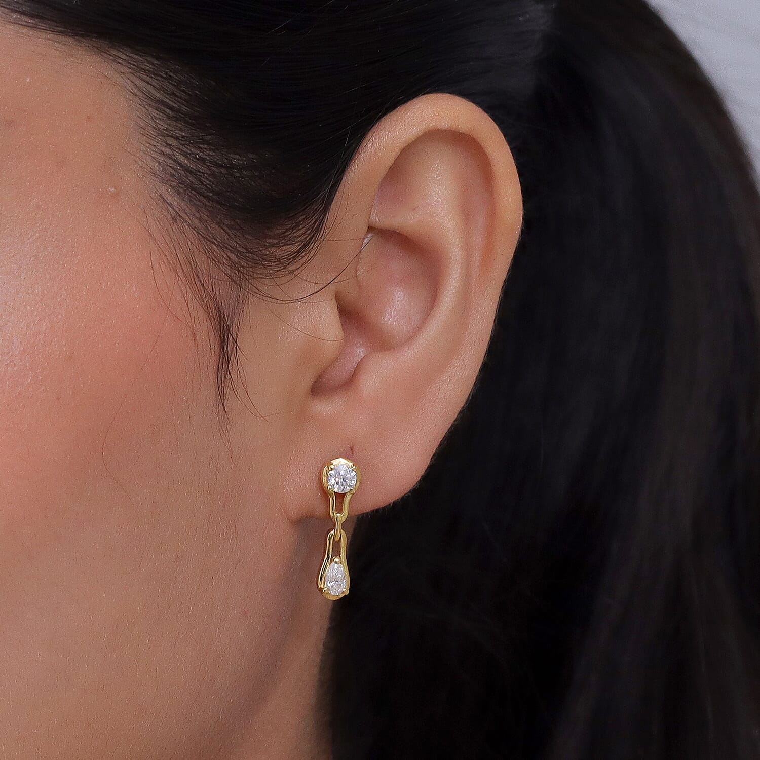 D'Joy - Moissanite Dangling Earring with Push Back in Yellow Gold Plated Sterling Silver