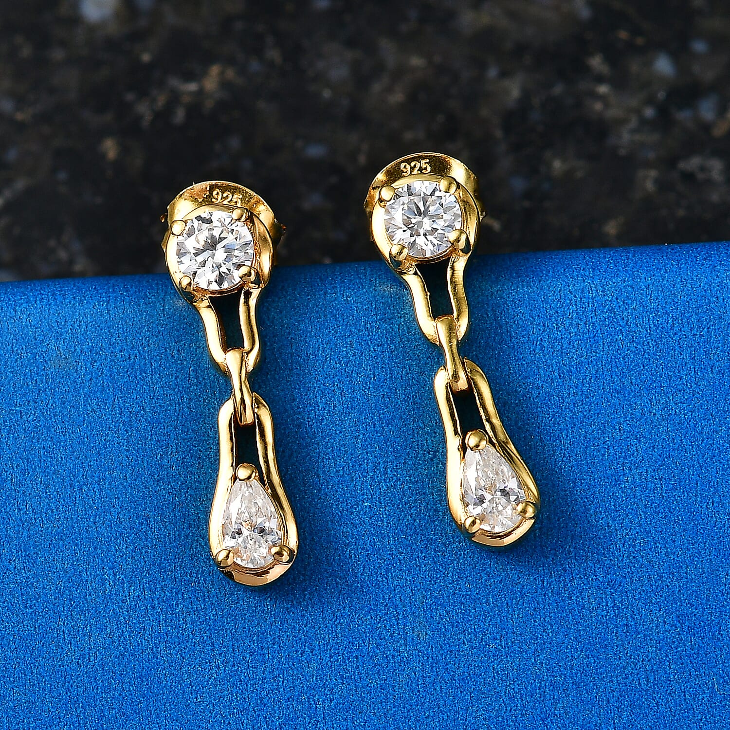 D'Joy - Moissanite Dangling Earring with Push Back in Yellow Gold Plated Sterling Silver
