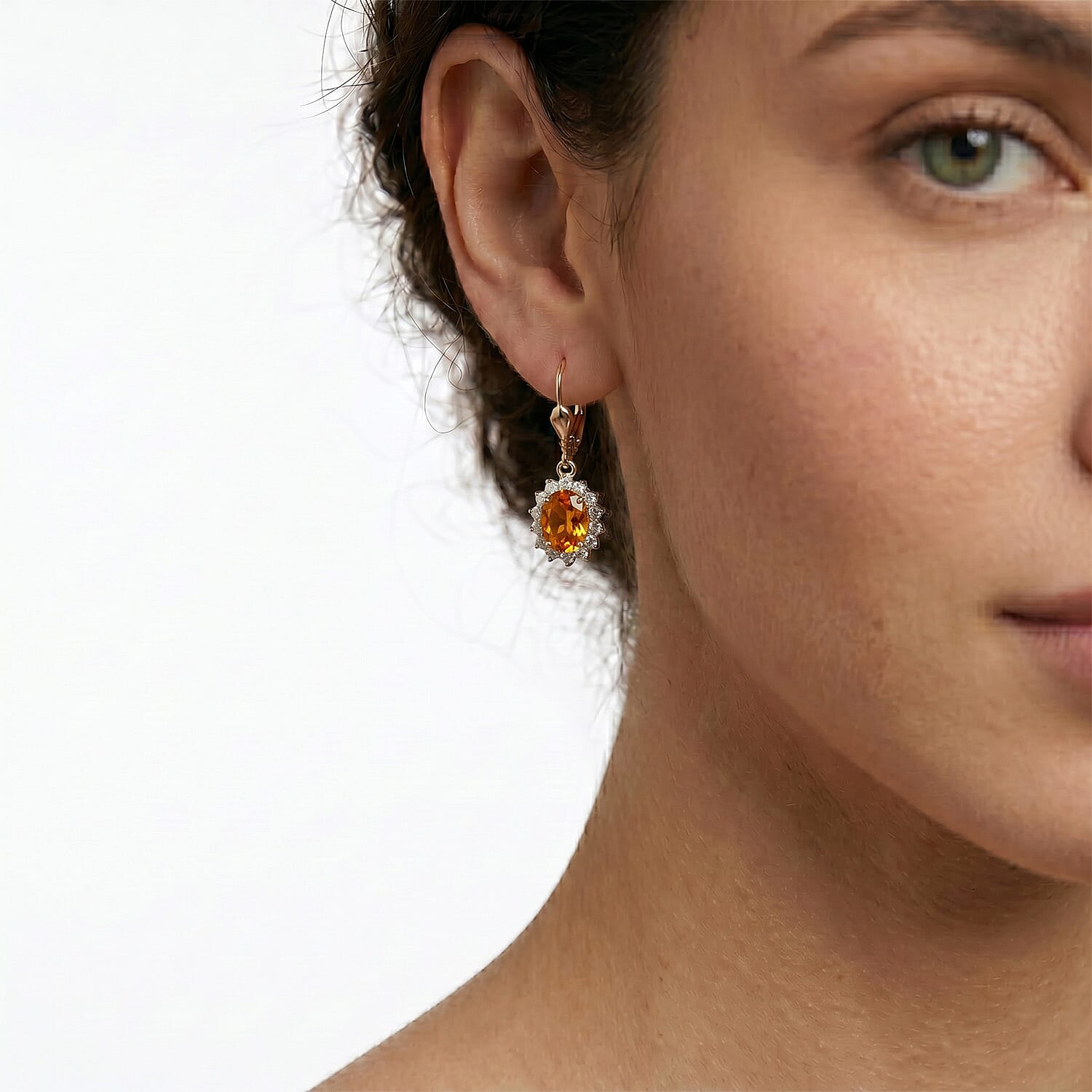 Royal Bali Collection - D'Joy Citrine & White Zircon Halo Earring with Lever Back in 18K Vermeil Yellow Gold Plated Sterling Silver 1.54 Ct.