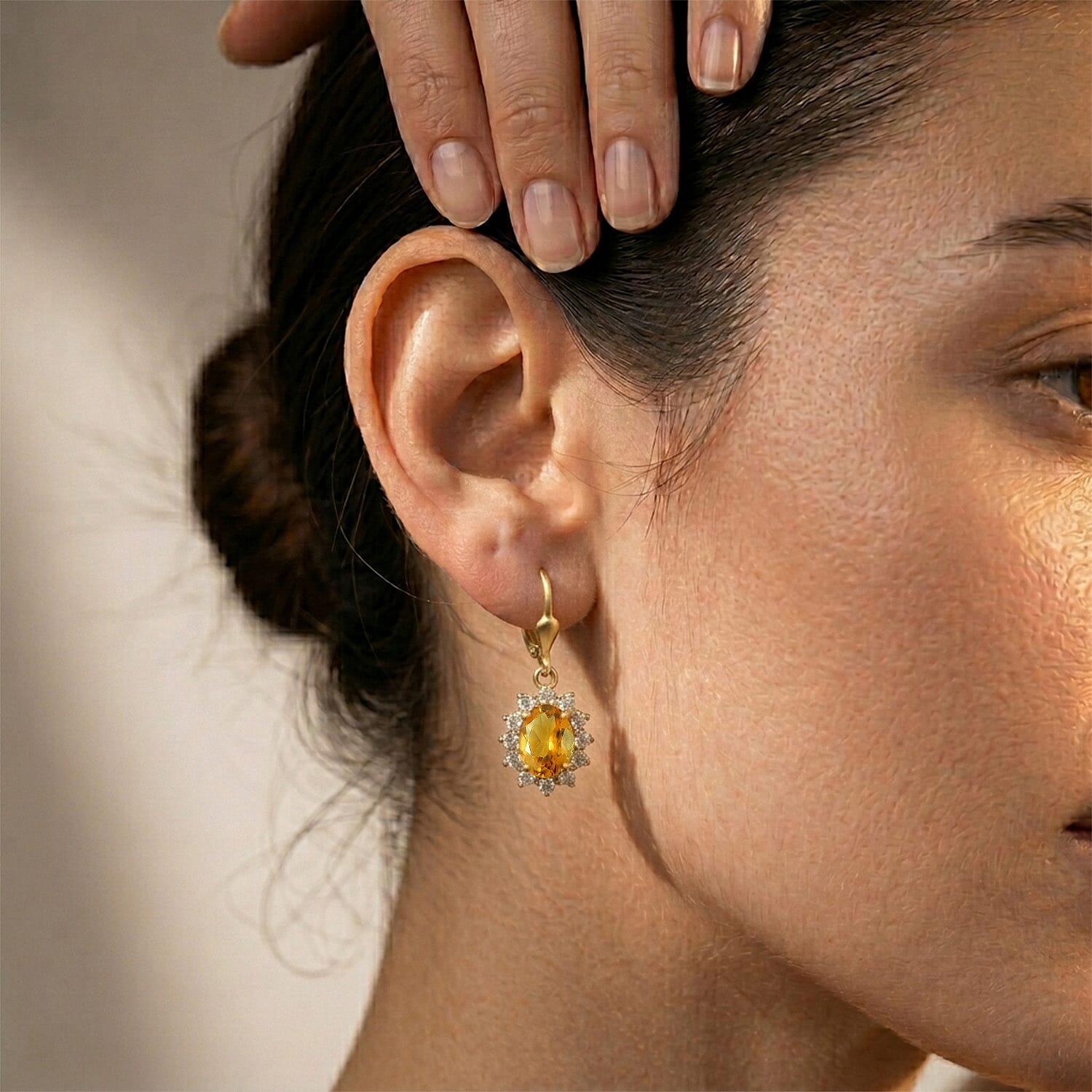 Royal Bali Collection - D'Joy Citrine & White Zircon Halo Earring with Lever Back in 18K Vermeil Yellow Gold Plated Sterling Silver 1.54 Ct.