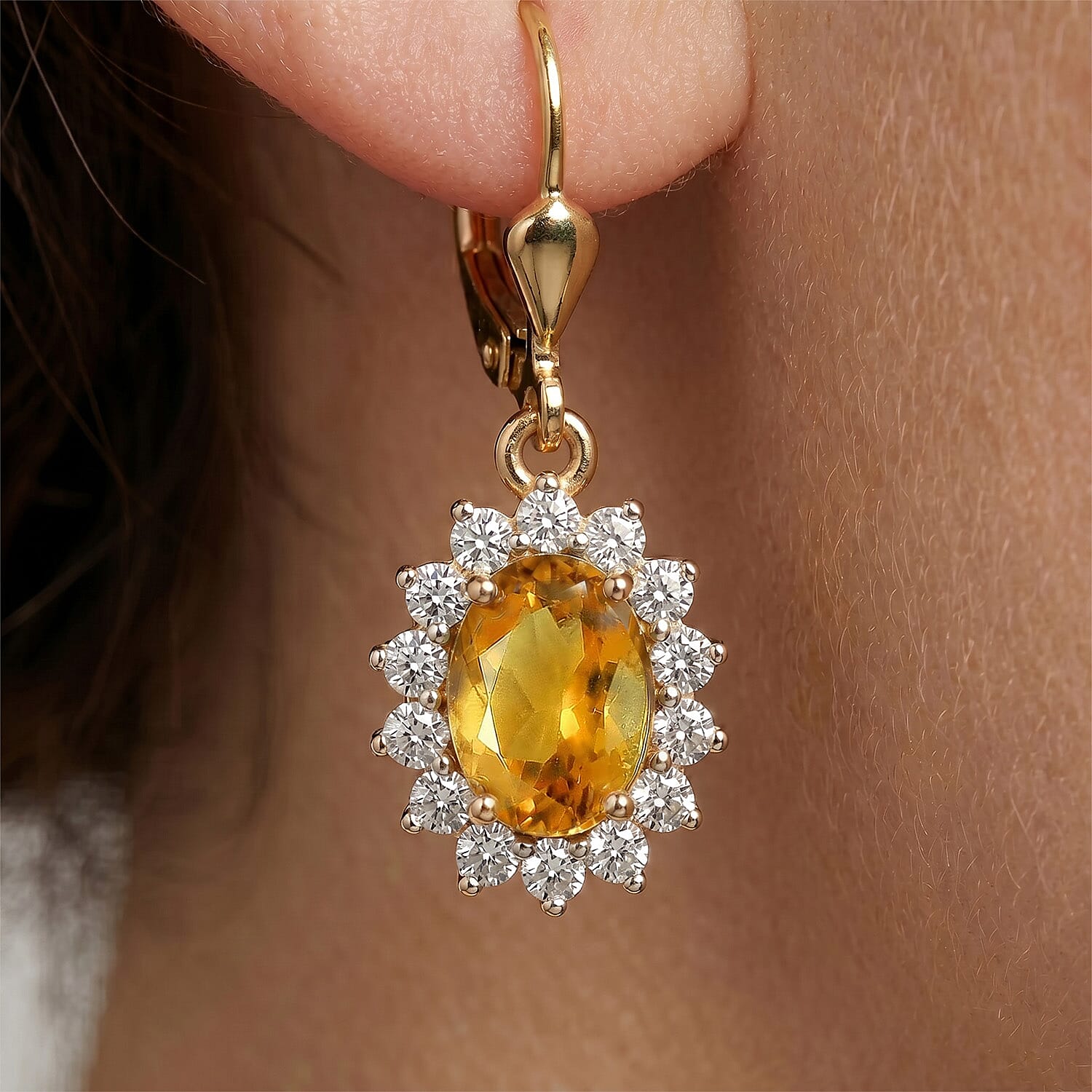 Royal Bali Collection - D'Joy Citrine & White Zircon Halo Earring with Lever Back in 18K Vermeil Yellow Gold Plated Sterling Silver 1.54 Ct.