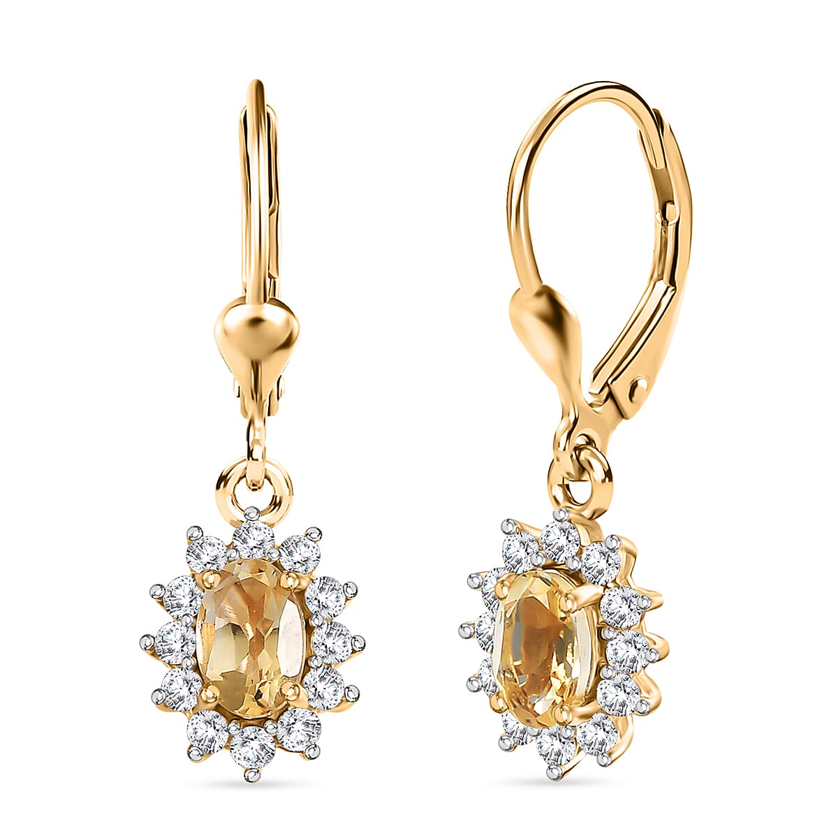 Royal Bali Collection - D'Joy Citrine & White Zircon Halo Earring with Lever Back in 18K Vermeil Yellow Gold Plated Sterling Silver 1.54 Ct.