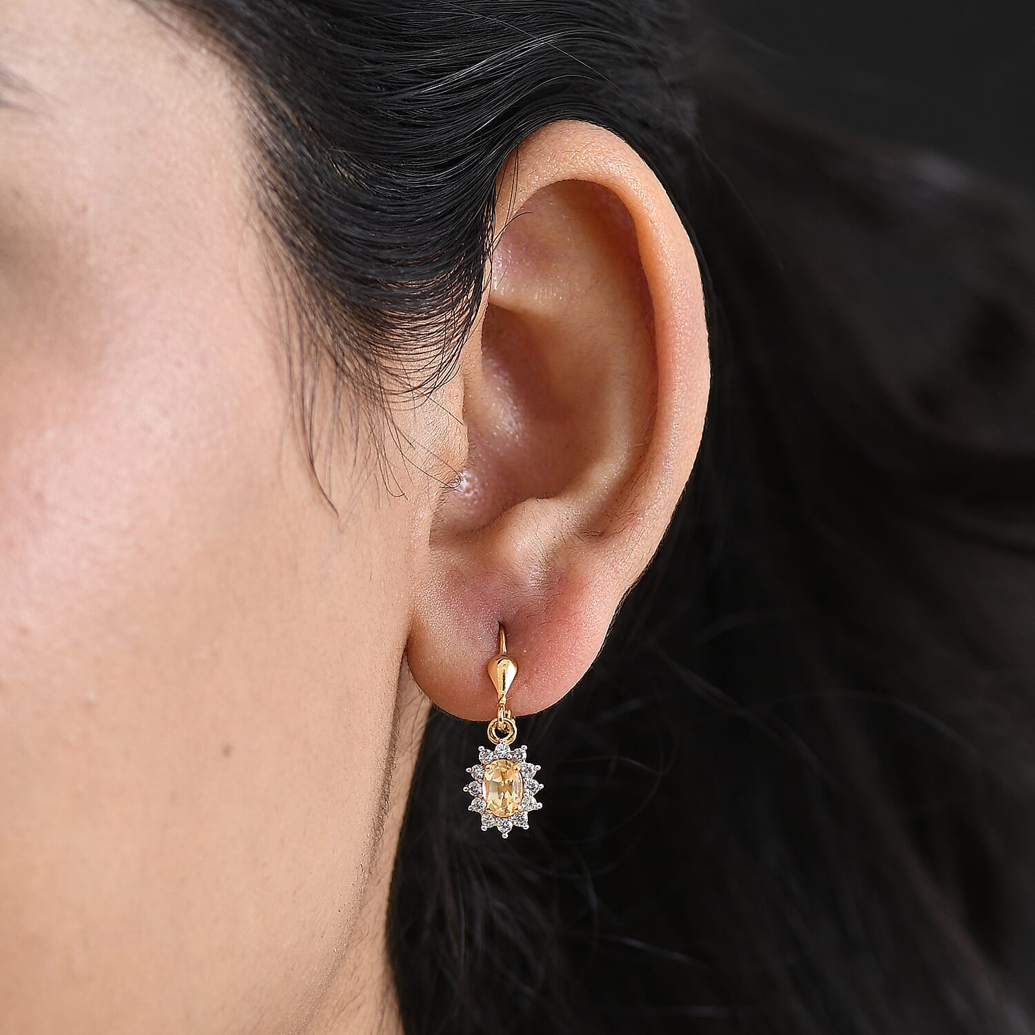 Royal Bali Collection - D'Joy Citrine & White Zircon Halo Earring with Lever Back in 18K Vermeil Yellow Gold Plated Sterling Silver 1.54 Ct.