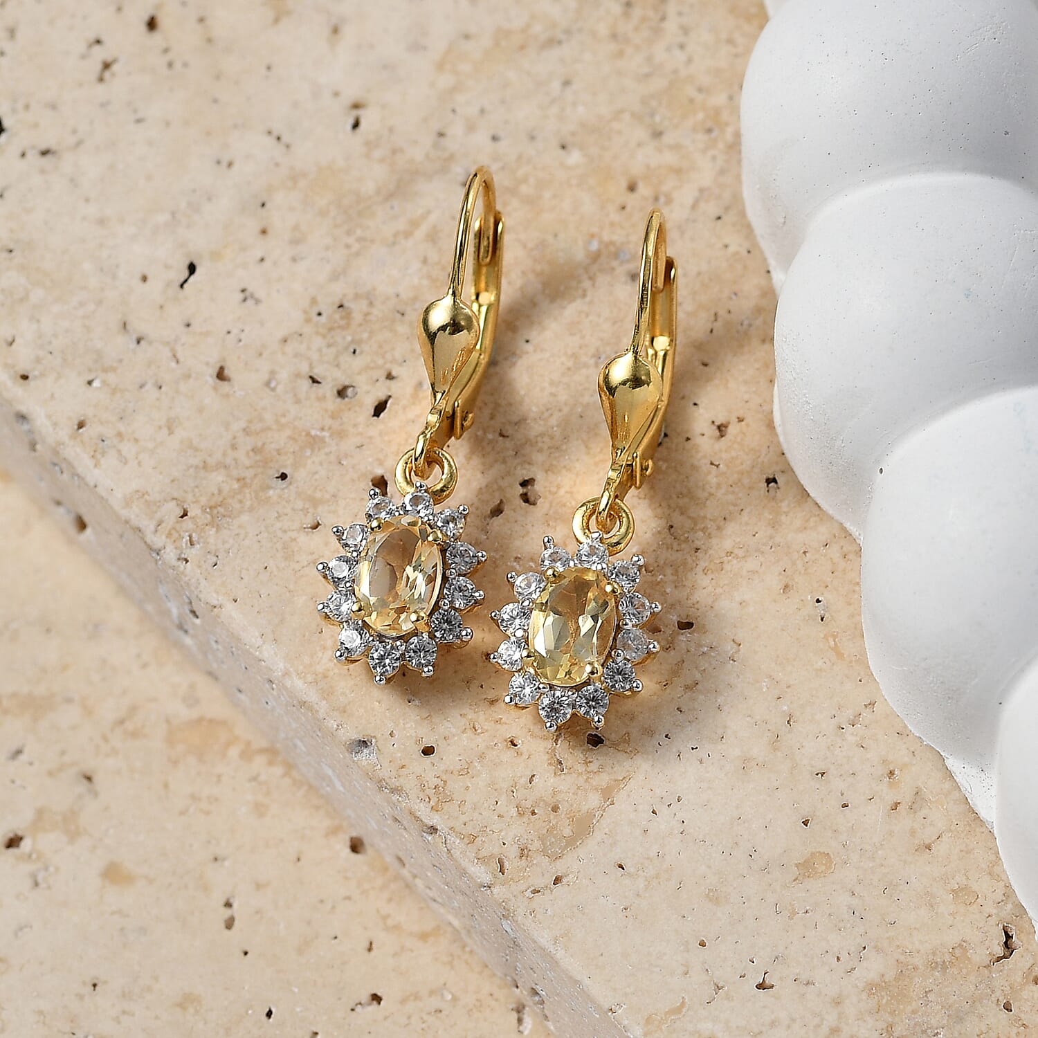 Royal Bali Collection - D'Joy Citrine & White Zircon Halo Earring with Lever Back in 18K Vermeil Yellow Gold Plated Sterling Silver 1.54 Ct.