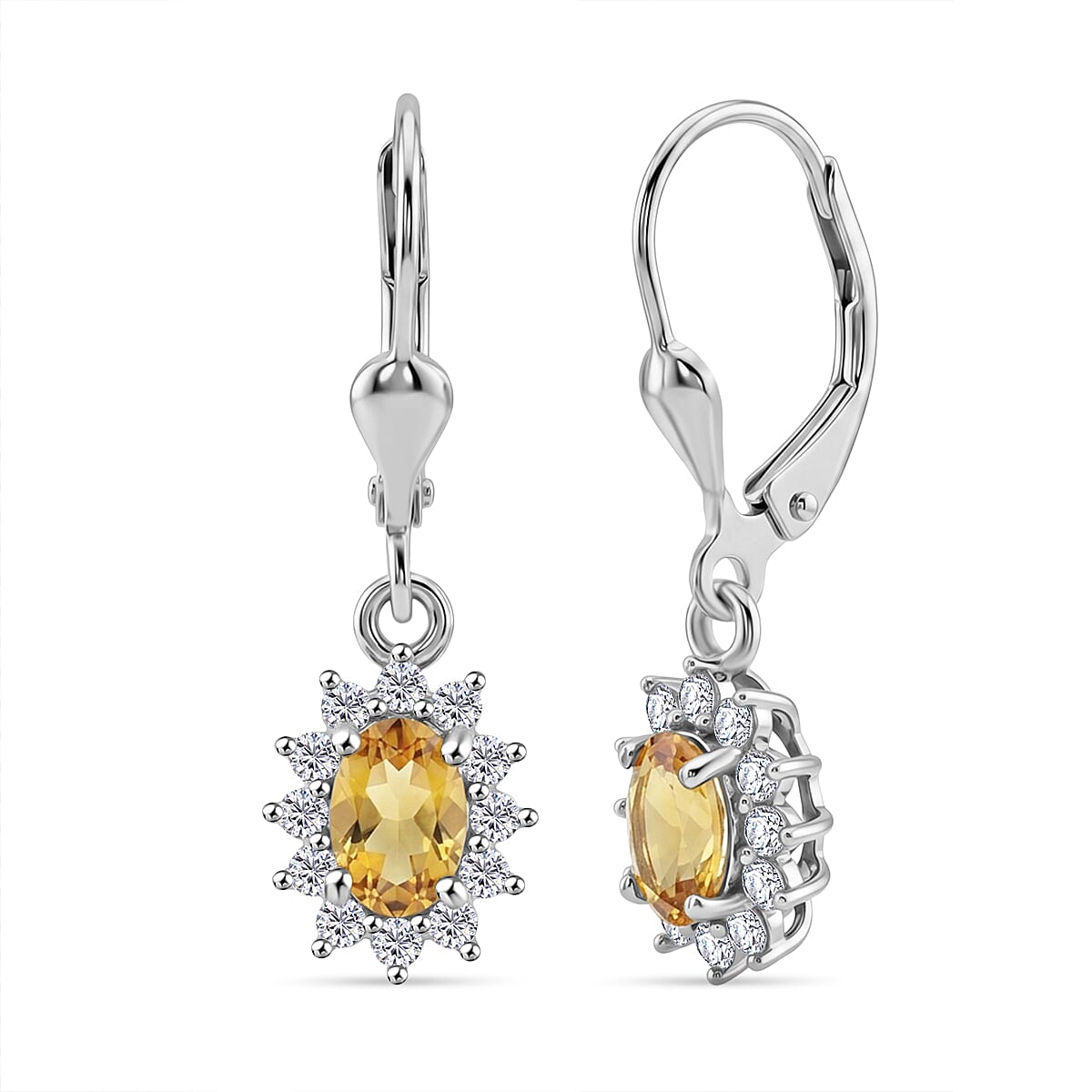 Royal Bali Collection - D'Joy Citrine & White Zircon Halo Earring with Lever Back in Rhodium Overlay Sterling Silver 1.54 Ct.