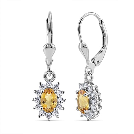 Royal Bali Collection - D'Joy Citrine & White Zircon Halo Earring with Lever Back in Rhodium Overlay Sterling Silver 1.54 Ct.