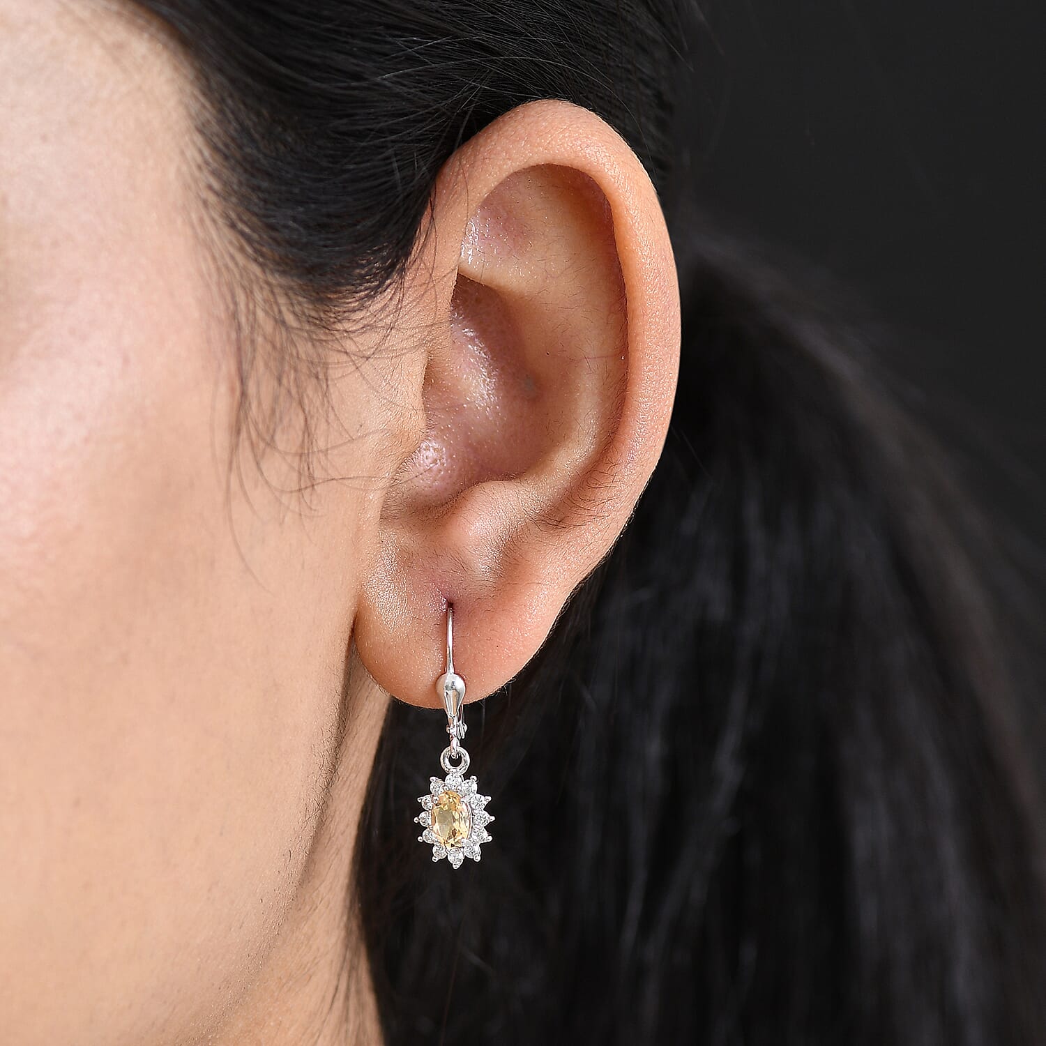 Royal Bali Collection - D'Joy Citrine & White Zircon Halo Earring with Lever Back in Rhodium Overlay Sterling Silver 1.54 Ct.