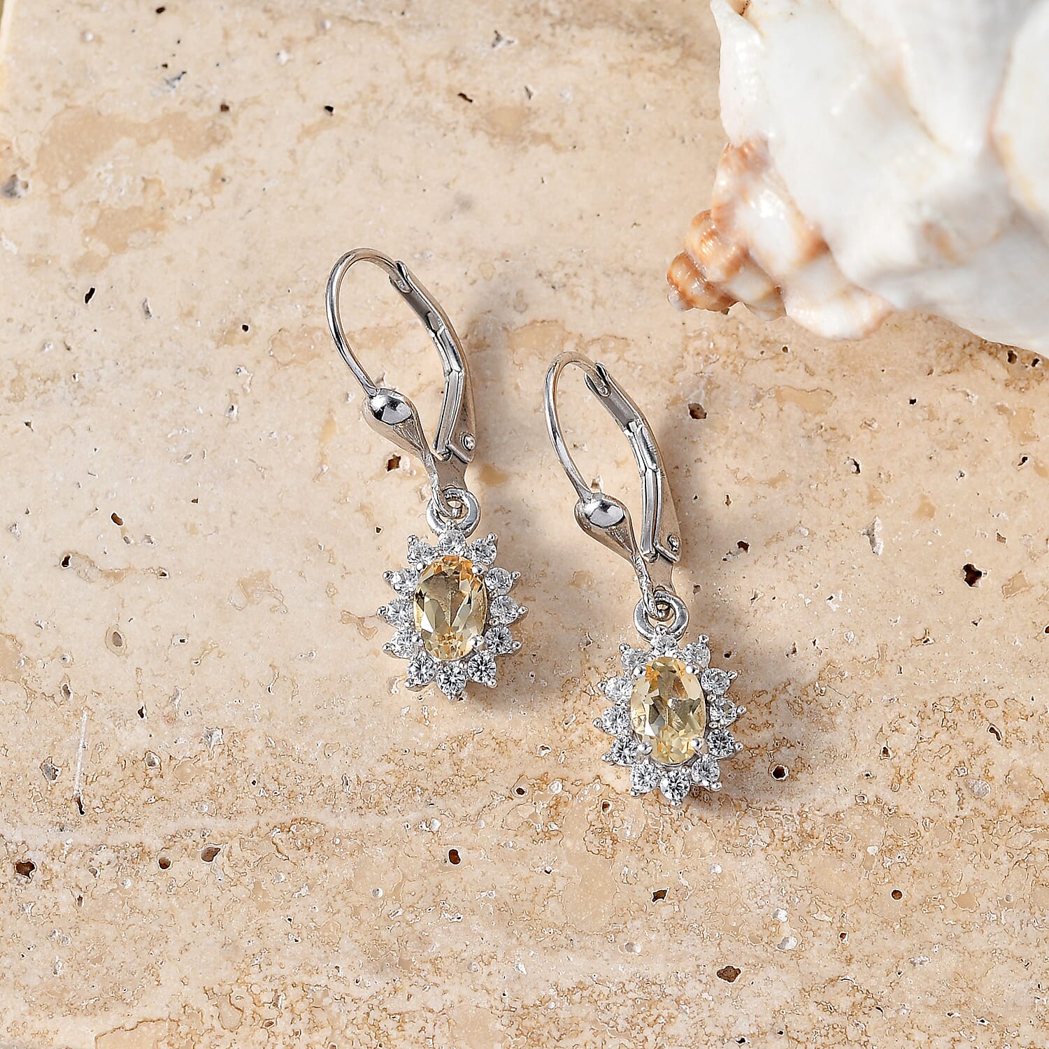 Royal Bali Collection - D'Joy Citrine & White Zircon Halo Earring with Lever Back in Rhodium Overlay Sterling Silver 1.54 Ct.