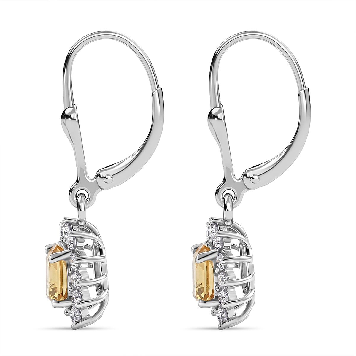 Royal Bali Collection - D'Joy Citrine & White Zircon Halo Earring with Lever Back in Rhodium Overlay Sterling Silver 1.54 Ct.